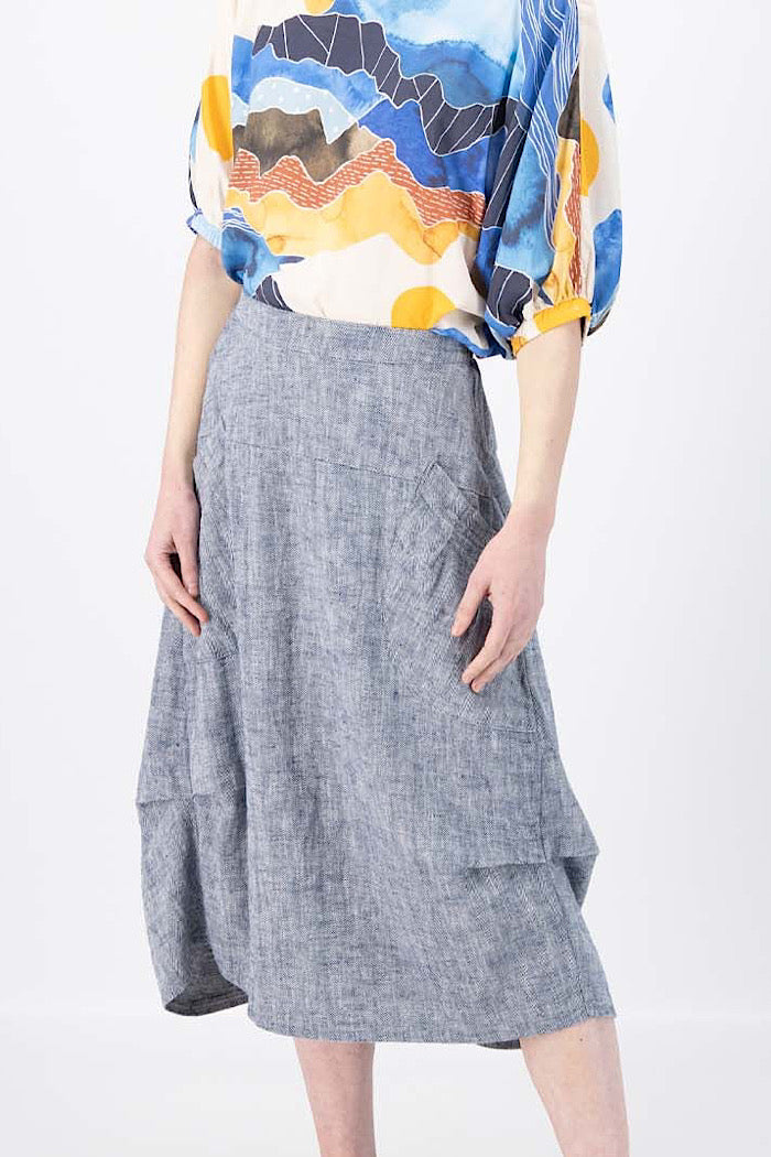 OLGA DE POLGA MILWAUKEE PANORAMA SKIRT - NAVY HERRINGBONE LINEN