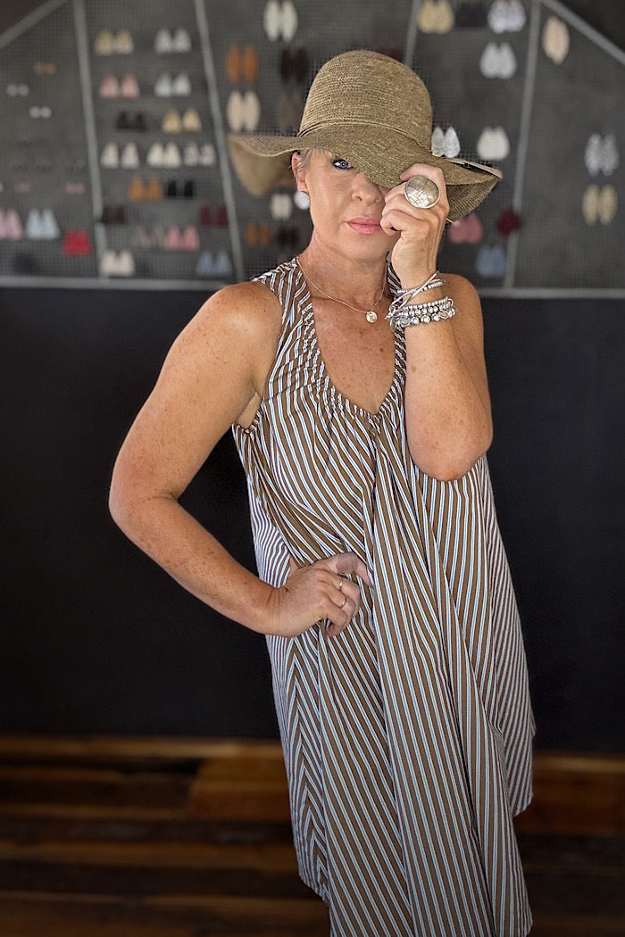 STACEY GATHERED MINI DRESS - CHOCOLATE/BLUE STRIPE