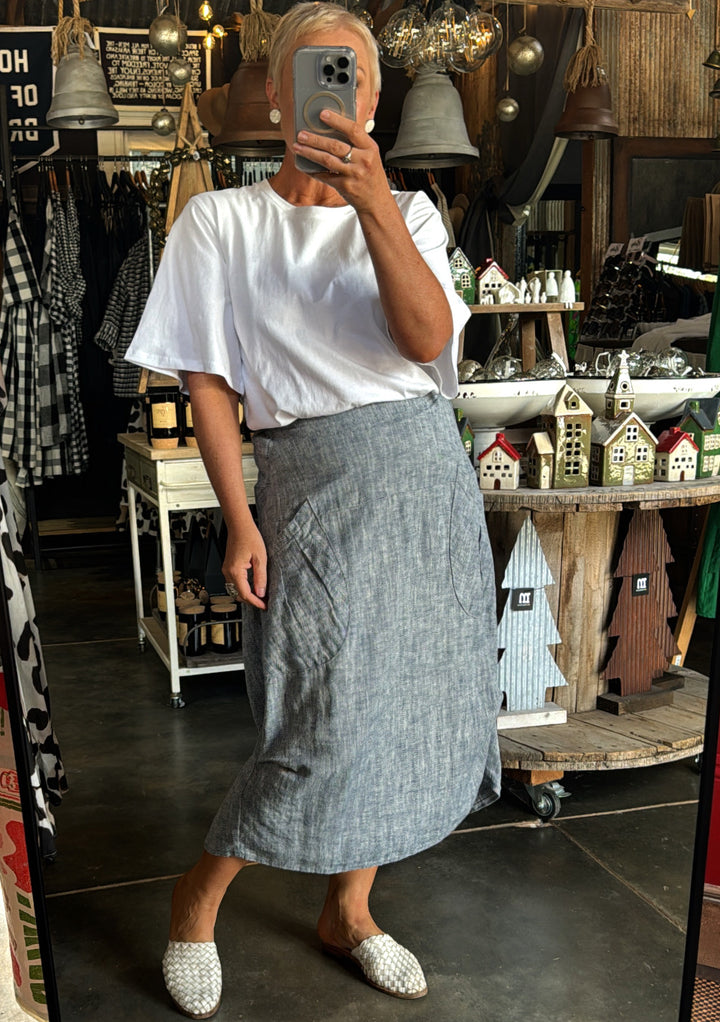 OLGA DE POLGA MILWAUKEE PANORAMA SKIRT - NAVY HERRINGBONE LINEN