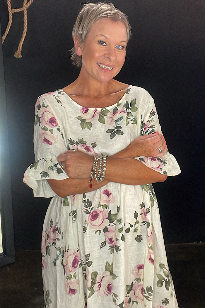 AUDREY LINEN FLORAL DRESS - VANILLA