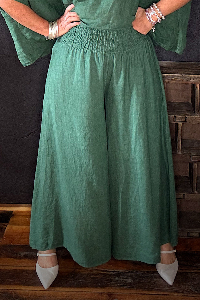 LINEN WIDE LEG COLLOT - FOREST GREEN