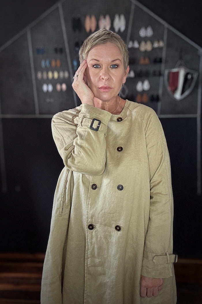 BERG FRENCH LINEN COLLARLESS PEACOAT - CAMEL