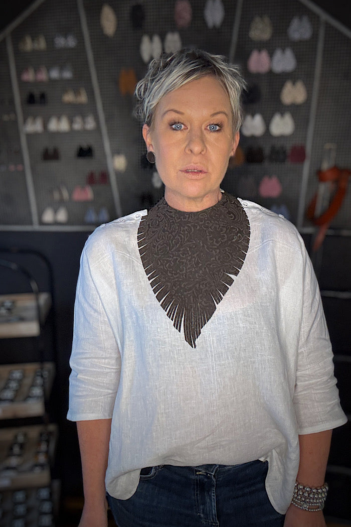 MICKELLOO “RUFFLED FEATHERS” NECKLACE - EMBOSSED ESPRESSO FLORAL
