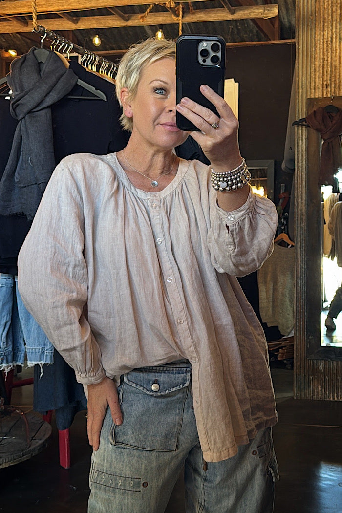 MONTAIGNE CARMEN BUTTON THROUGH LONG SLEEVE LINEN TOP - NATURAL