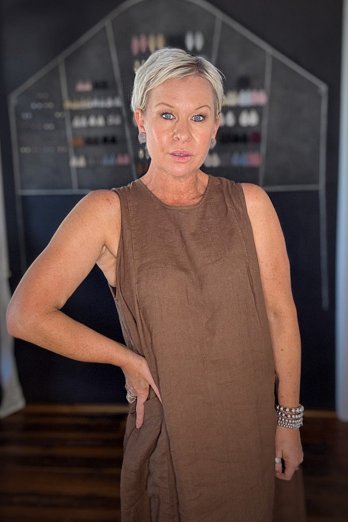 MONTAIGNE LINEN REMY DRESS - TOBACCO
