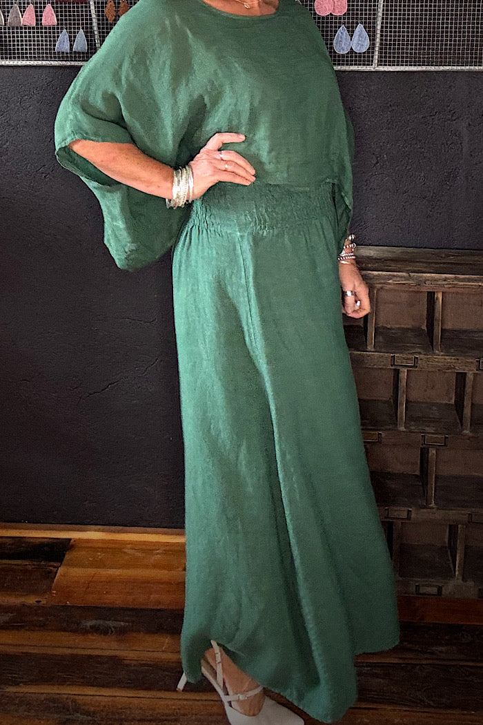 LINEN WIDE LEG COLLOT - FOREST GREEN