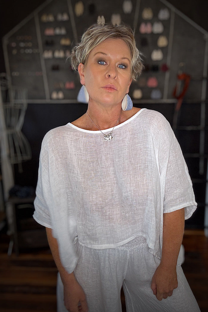 LINEN WIDE LEG COLLOT - WHITE