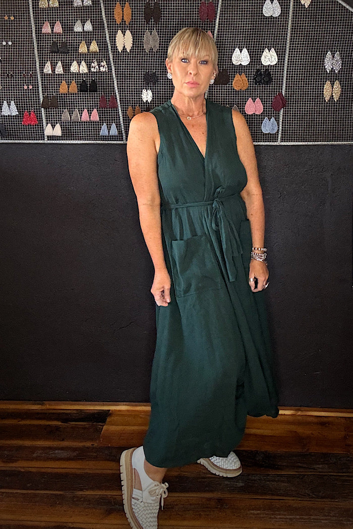 MONTAIGNE GENEVIEVE WRAP AROUND LINEN DRESS WITH LARGE POCKETS- TEAL