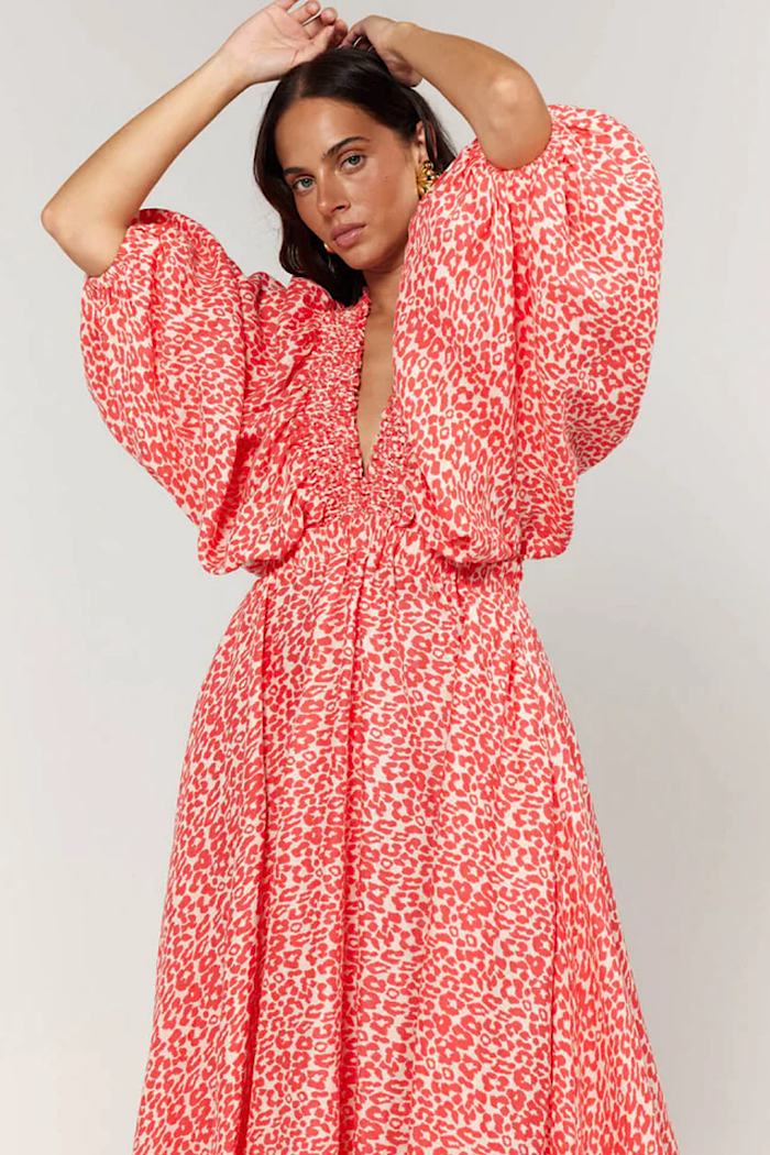 LA BOHEME GIRLS ESSIE V NECK MAXI DRESS CORAL OAT LEOPARD