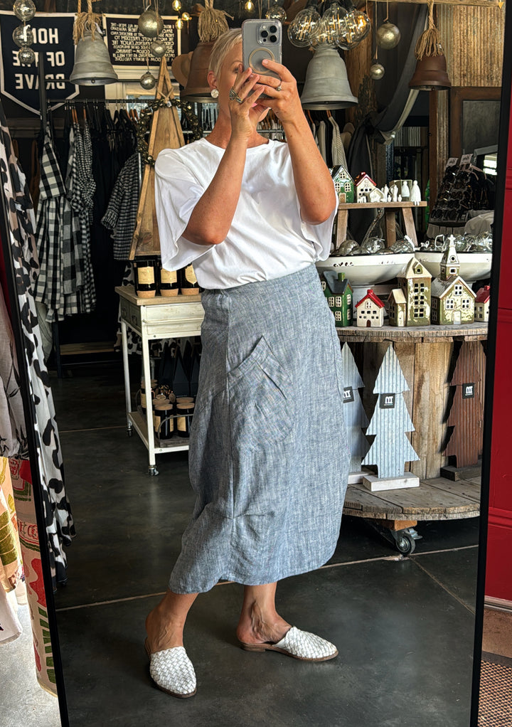OLGA DE POLGA MILWAUKEE PANORAMA SKIRT - NAVY HERRINGBONE LINEN