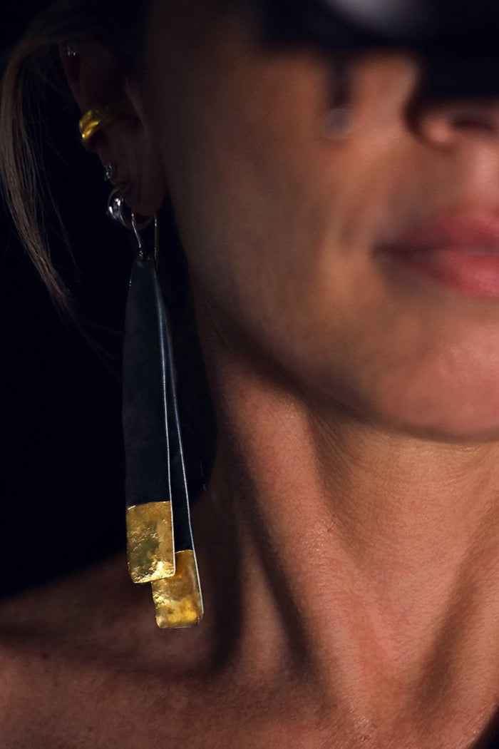 LONG DROP OXIDISED SILVER & GOLD EARRINGS