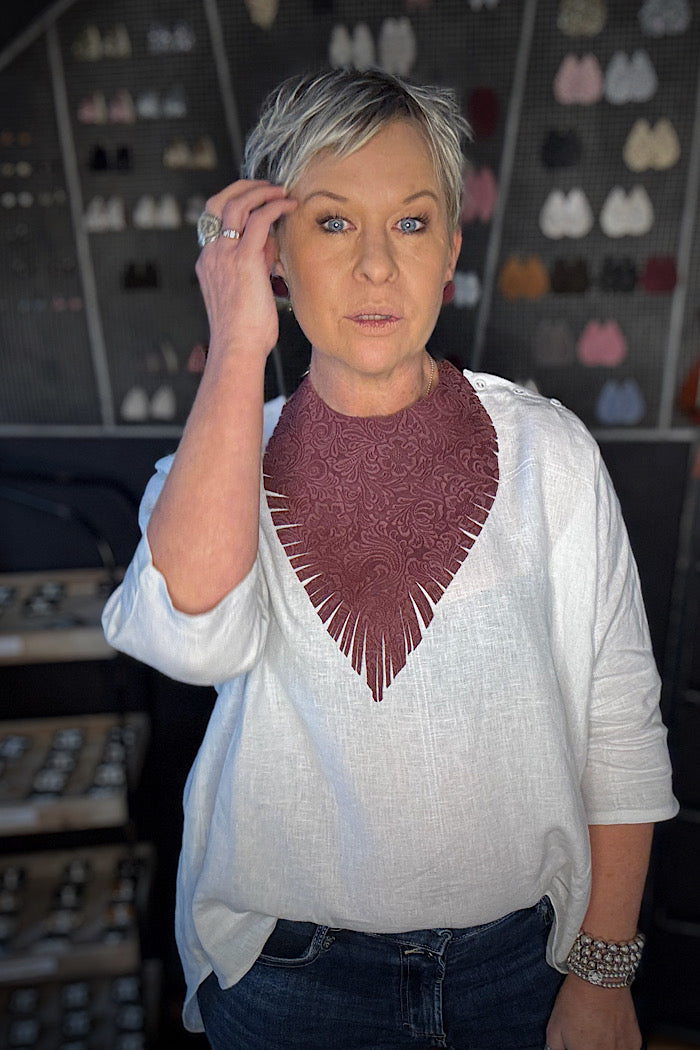 MICKELLOO “RUFFLED FEATHERS” NECKLACE - EMBOSSED MERLOT FLORAL