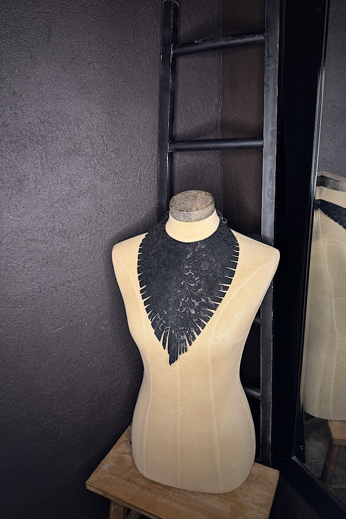 MICKELLOO “RUFFLED FEATHERS” NECKLACE - EMBOSSED JETT BLACK FLORAL
