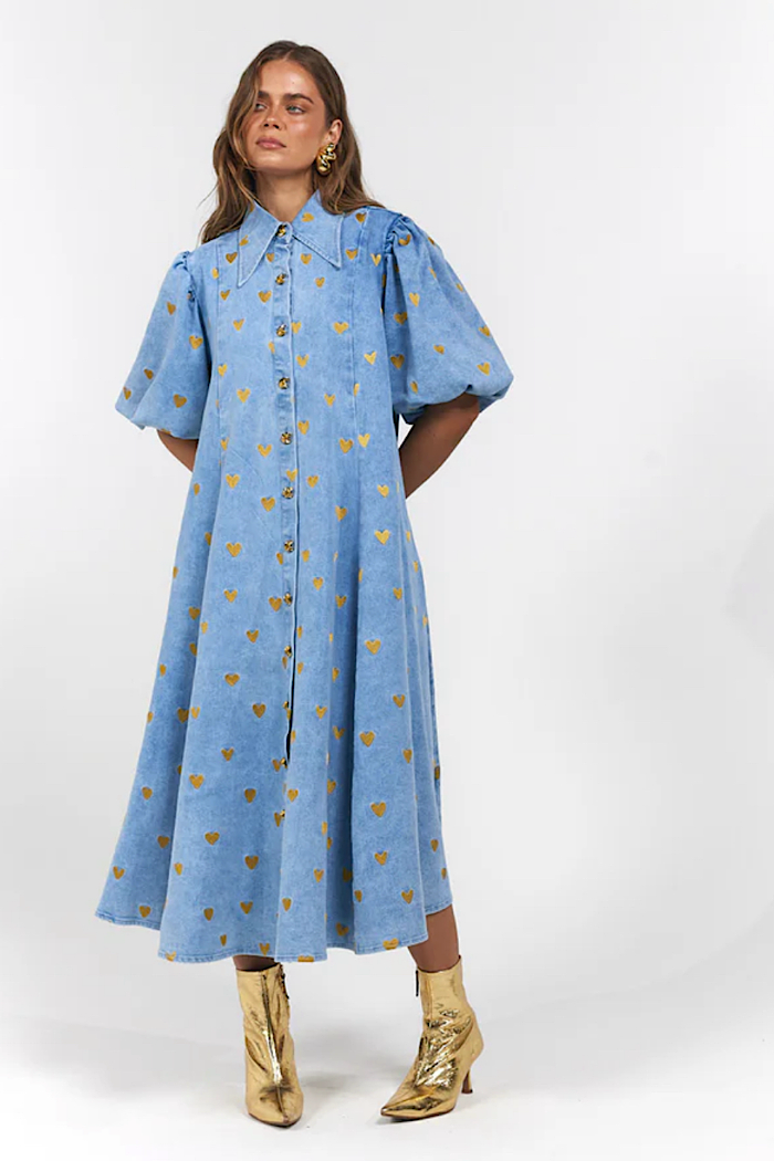 LA BOHEME GIRLS PEYTON MIDI DRESS DENIM HEARTS