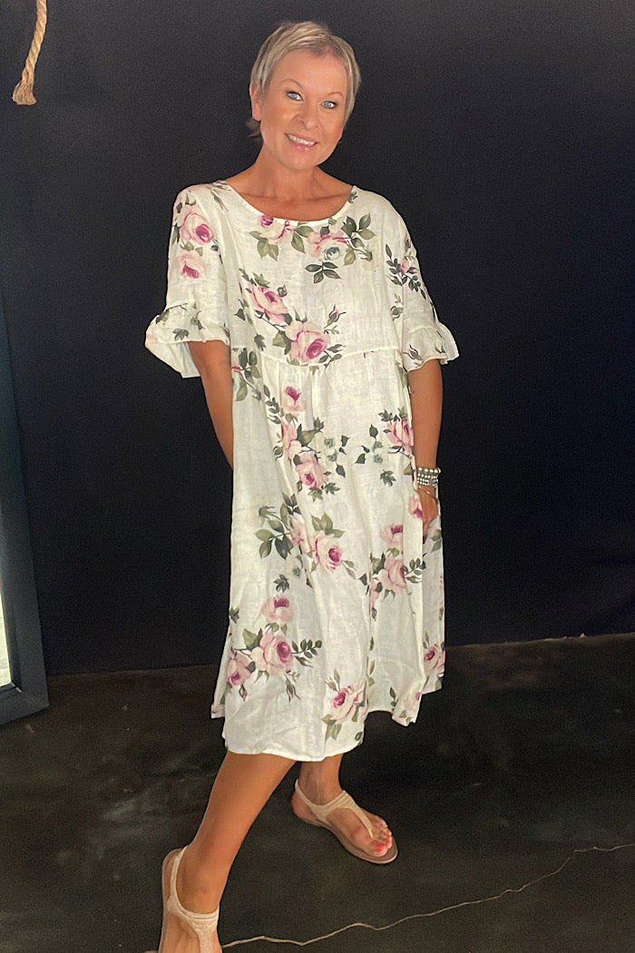 AUDREY LINEN FLORAL DRESS - VANILLA