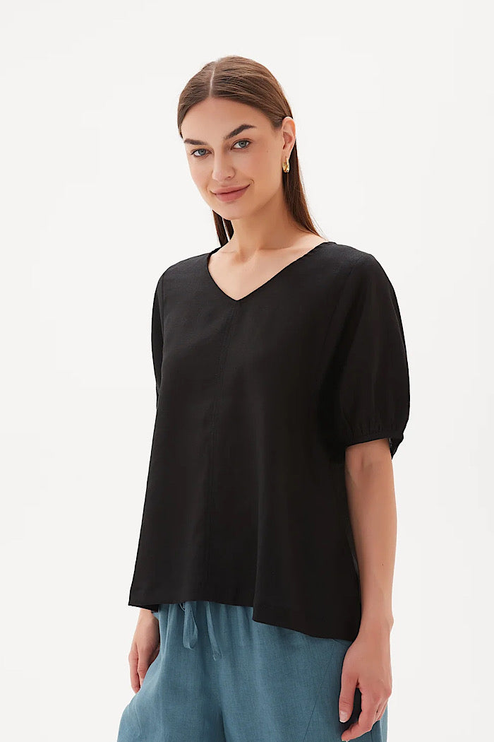 V NECK BISHOP SLEEVE TOP - BLACK