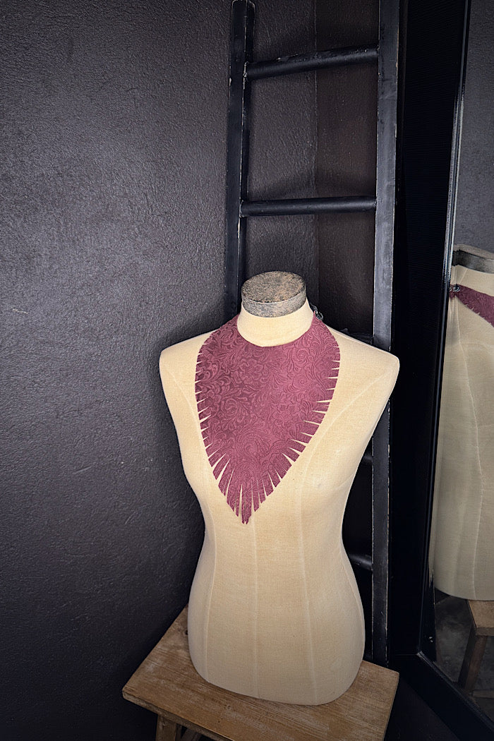 MICKELLOO “RUFFLED FEATHERS” NECKLACE - EMBOSSED MERLOT FLORAL