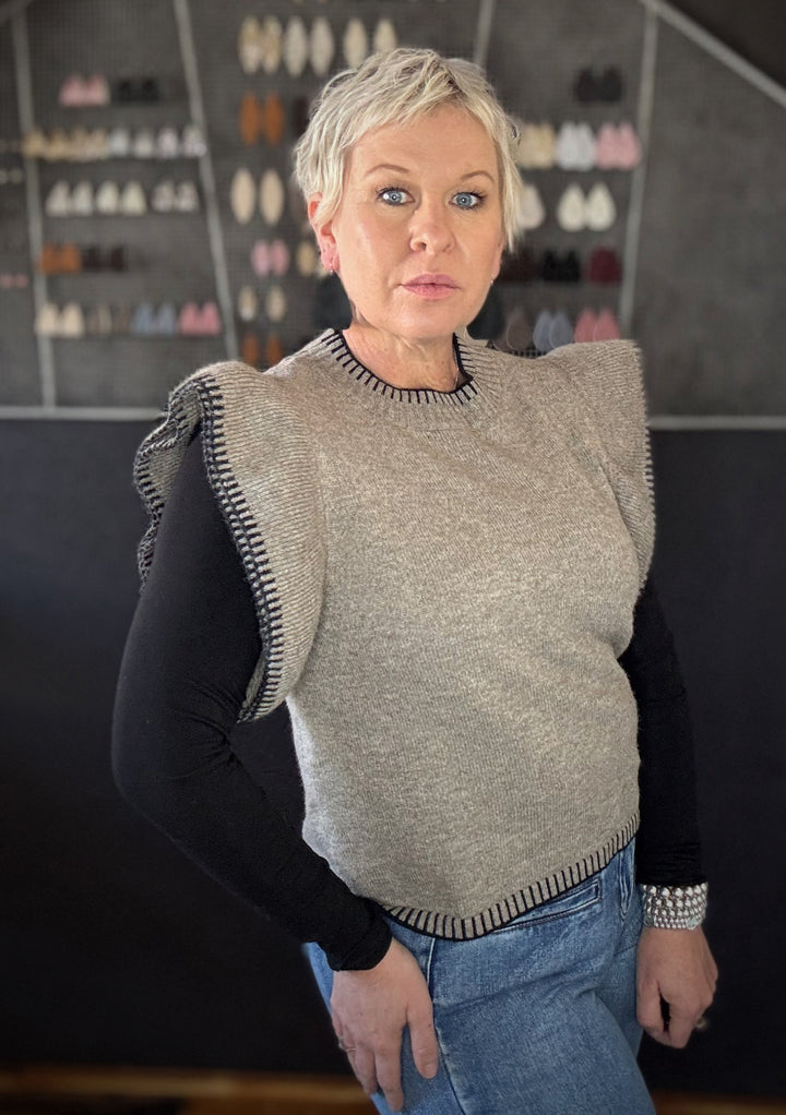 ATHENA FRILL KNIT TOP - TAUPE