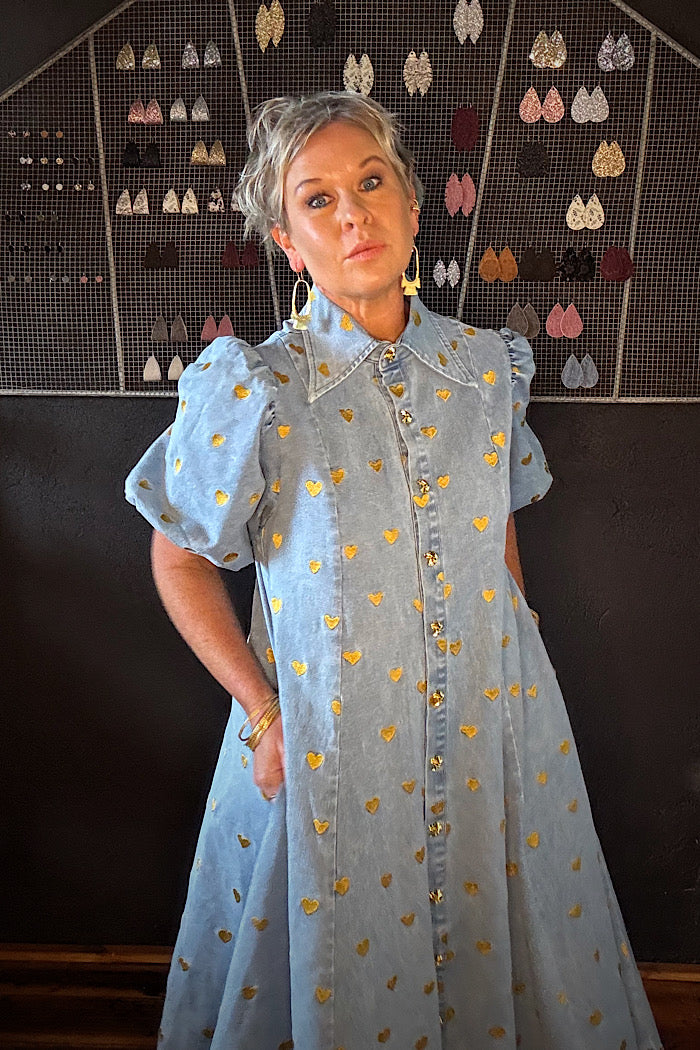 LA BOHEME GIRLS PEYTON MIDI DRESS DENIM HEARTS