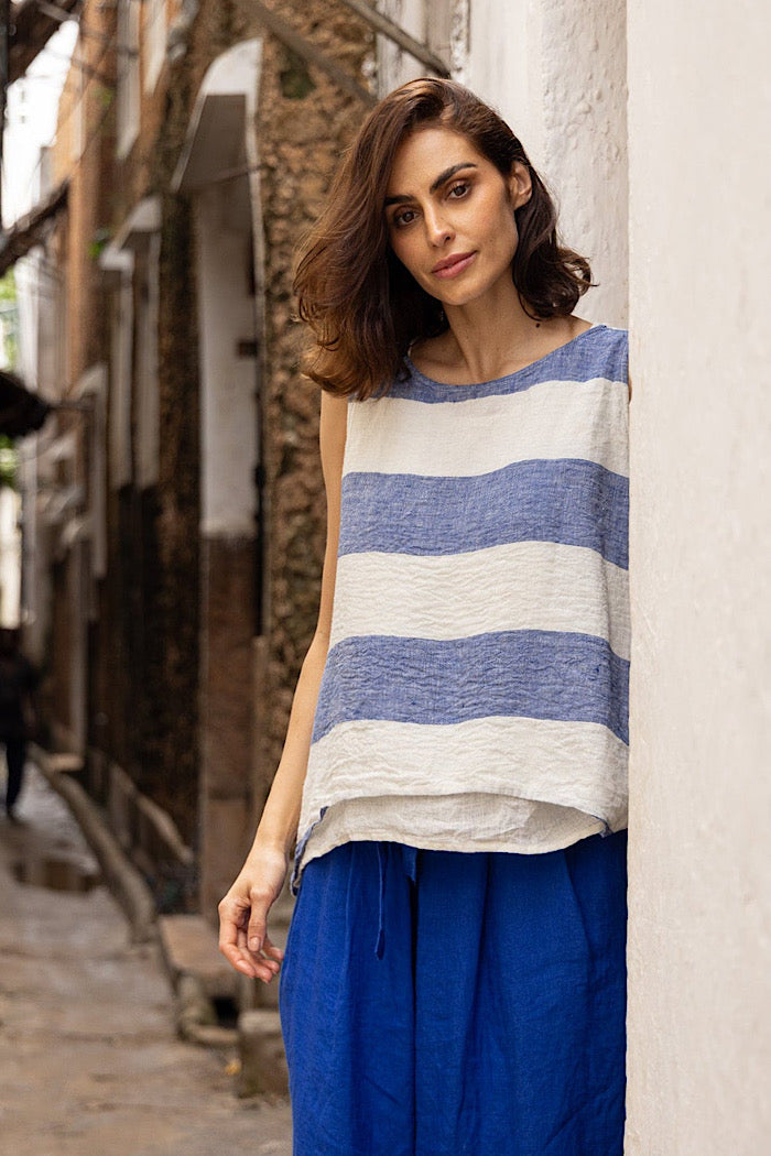TAJI LINEN TOP - BLUE STRIPE