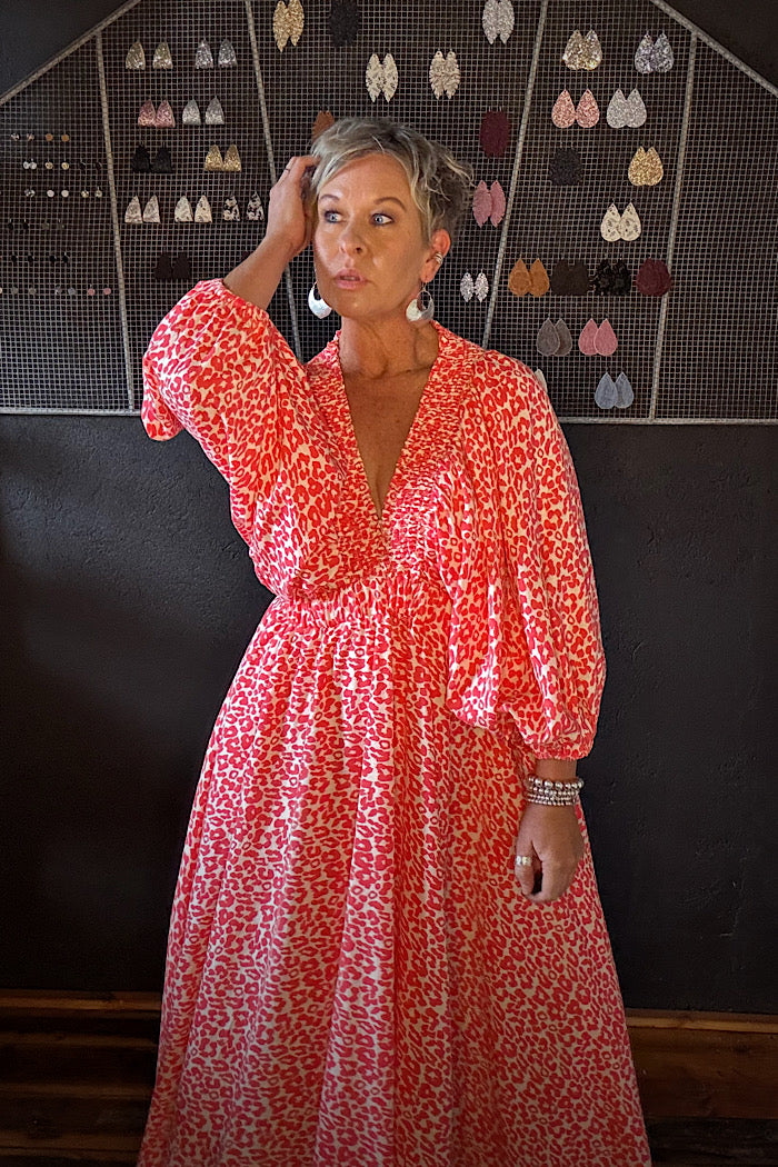 LA BOHEME GIRLS ESSIE V NECK MAXI DRESS CORAL OAT LEOPARD