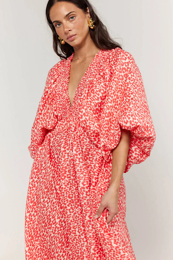 LA BOHEME GIRLS ESSIE V NECK MAXI DRESS CORAL OAT LEOPARD