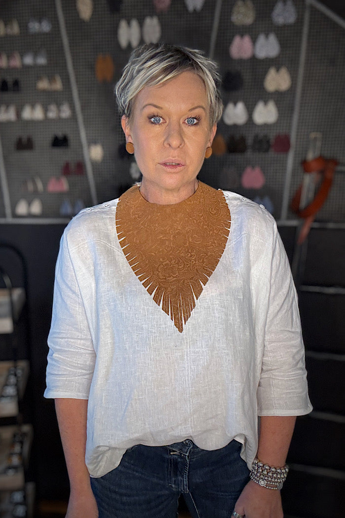 MICKELLOO “RUFFLED FEATHERS” NECKLACE - EMBOSSED CINNAMON FLORAL