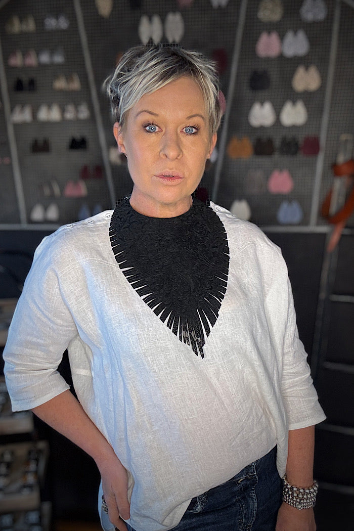 MICKELLOO “RUFFLED FEATHERS” NECKLACE - EMBOSSED JETT BLACK FLORAL
