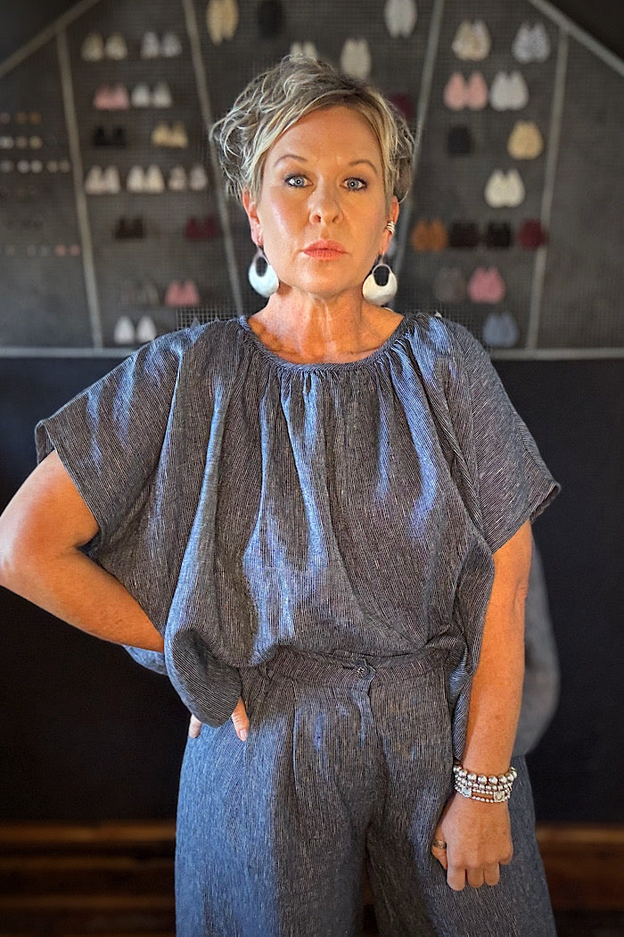POPPY TOP - NAVY PINSTRIPE