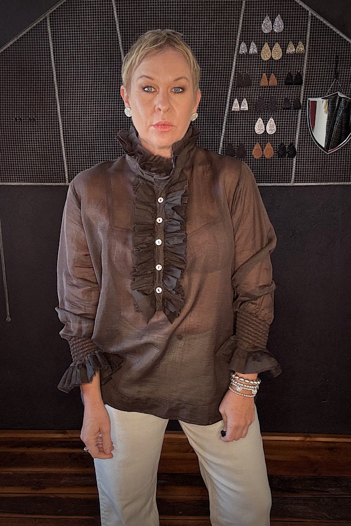 ODILE COTTON SILK BLOUSE - CHOCOLATE