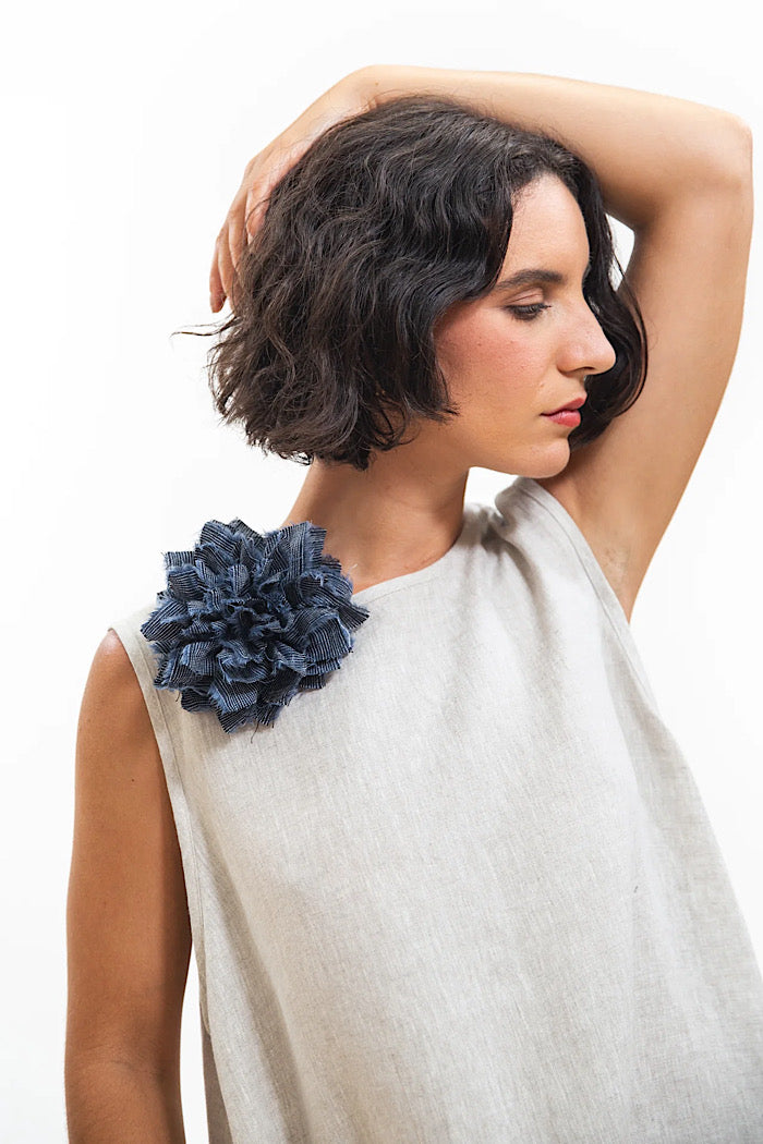 EVA'S SUNDAY FABRIC FLOWER BROOCH - NAVY PINSTRIPE