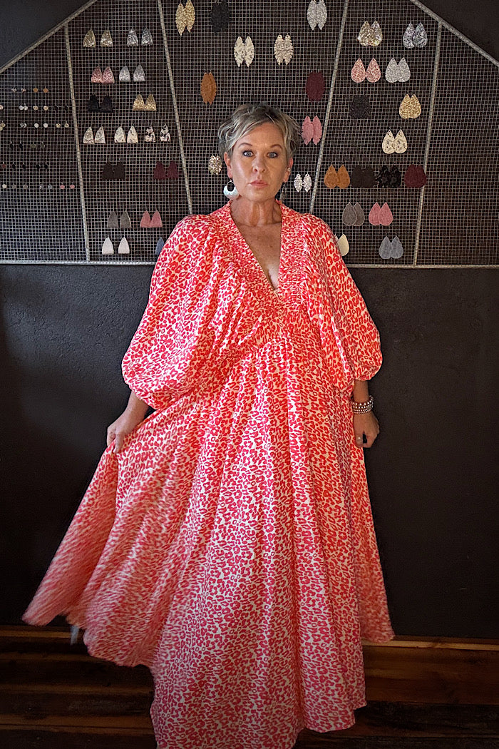 LA BOHEME GIRLS ESSIE V NECK MAXI DRESS CORAL OAT LEOPARD