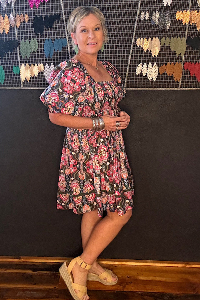 REMI MINI DRESS - OLIVE FLEURON