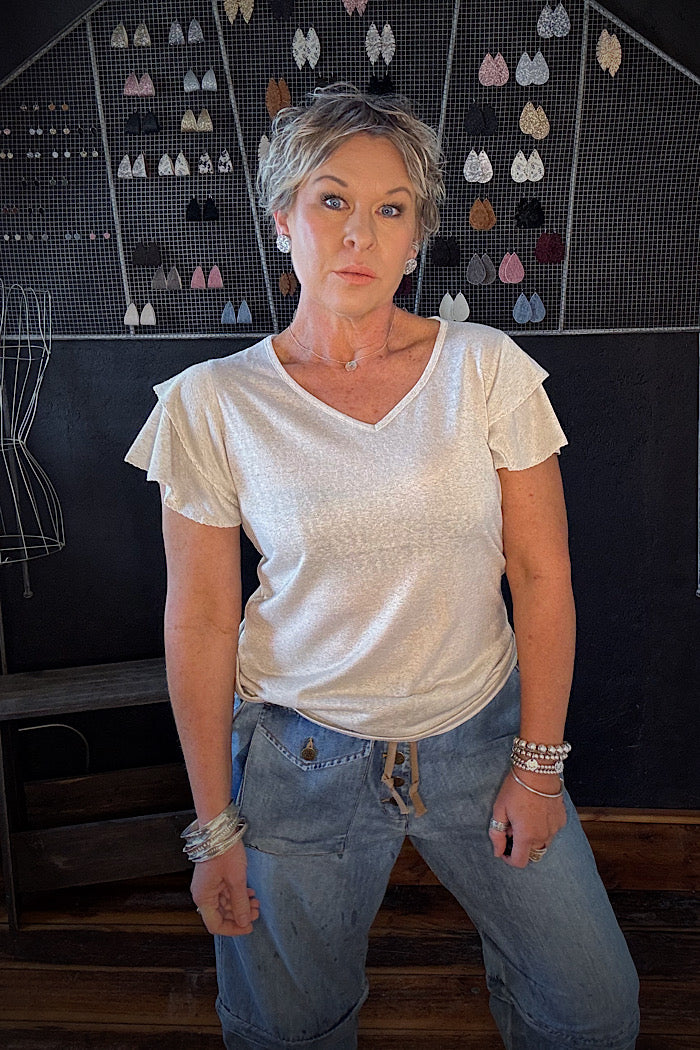 NORBERTA FLUTTER SLEEVE T-SHIRT - NATURAL