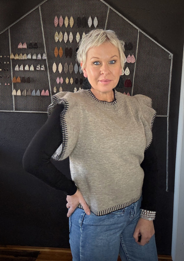 ATHENA FRILL KNIT TOP - TAUPE