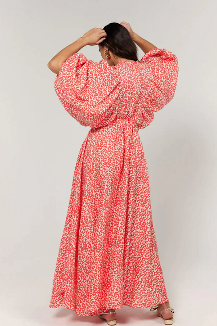 LA BOHEME GIRLS ESSIE V NECK MAXI DRESS CORAL OAT LEOPARD
