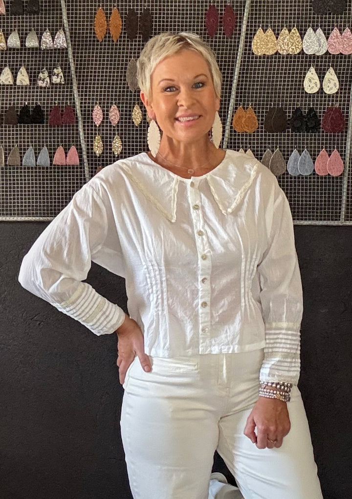 WEDNESDAY COTTON & LACE SHIRT  - WHITE WITH CREAM TRIM
