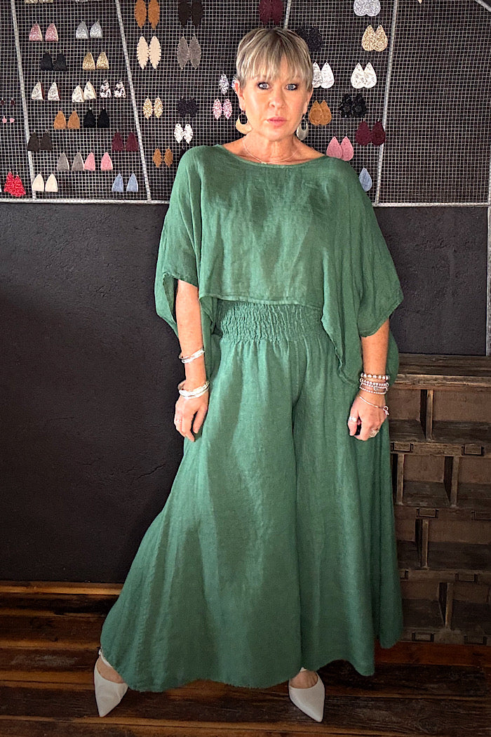 LINEN WIDE LEG COLLOT - FOREST GREEN