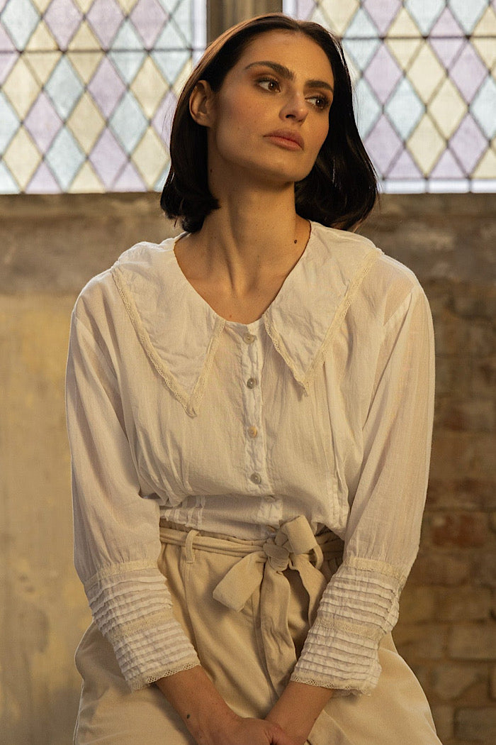 WEDNESDAY COTTON & LACE SHIRT  - WHITE WITH CREAM TRIM