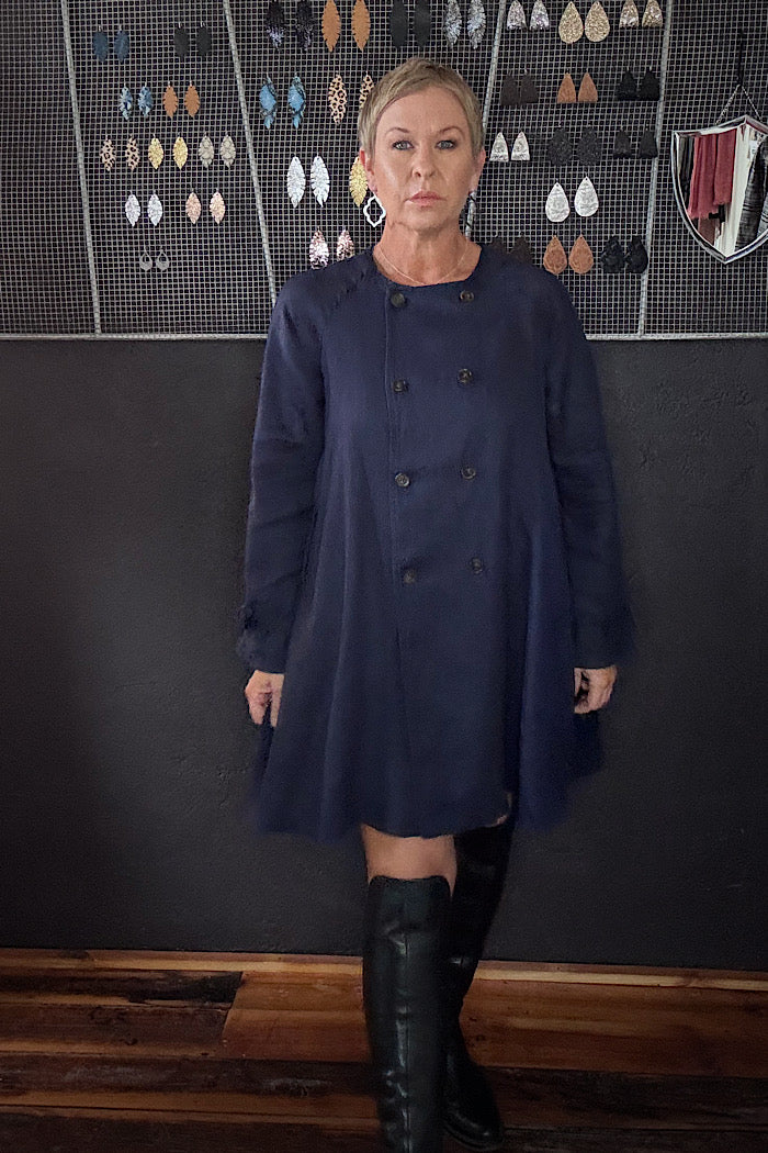 BERG FRENCH LINEN COLLARLESS PEACOAT - NAVY