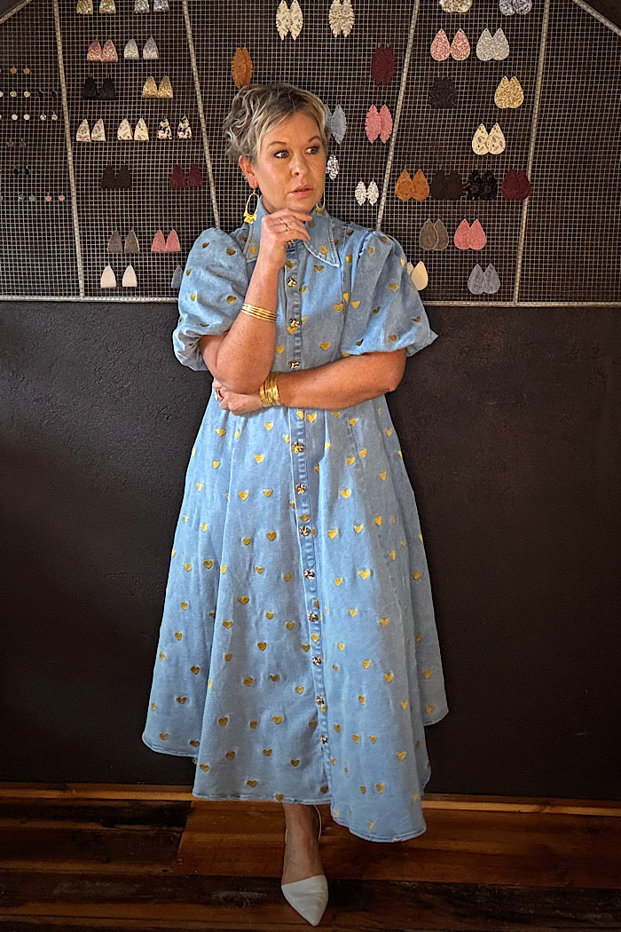 LA BOHEME GIRLS PEYTON MIDI DRESS DENIM HEARTS
