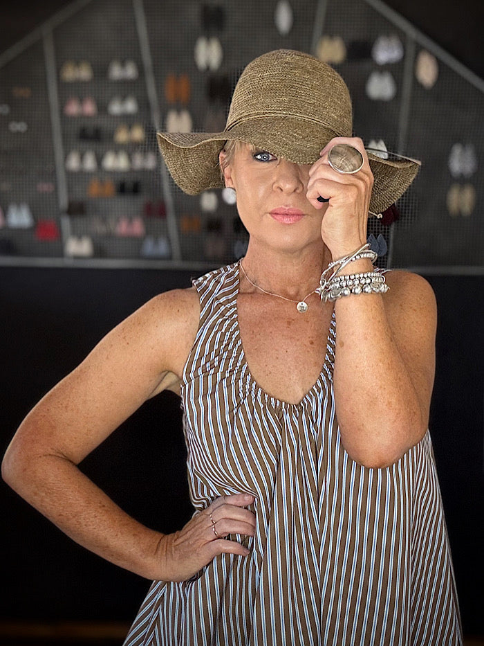 STACEY GATHERED MINI DRESS - CHOCOLATE/BLUE STRIPE