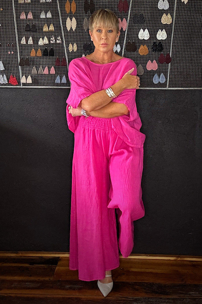 LINEN WIDE LEG COLLOT - FUSCHIA