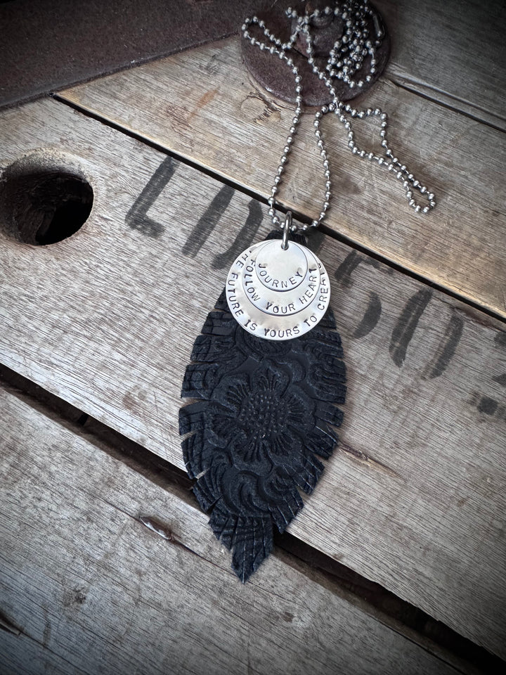 MICKELLOO FEATHER & CHARMS NECKLACE  - JETT BLACK EMBOSSED FLORAL - JOURNEY