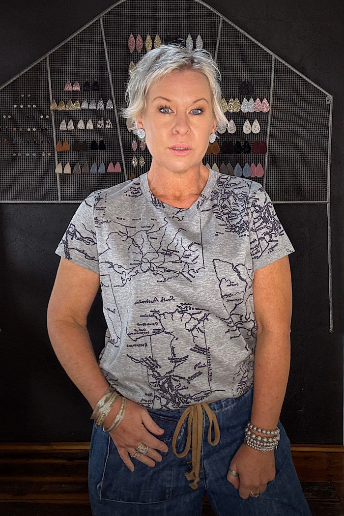 CIRCULAR BY MAUD ALICE DAINTY NAVIGATOR TEE - MAPS ON GREY MARLE