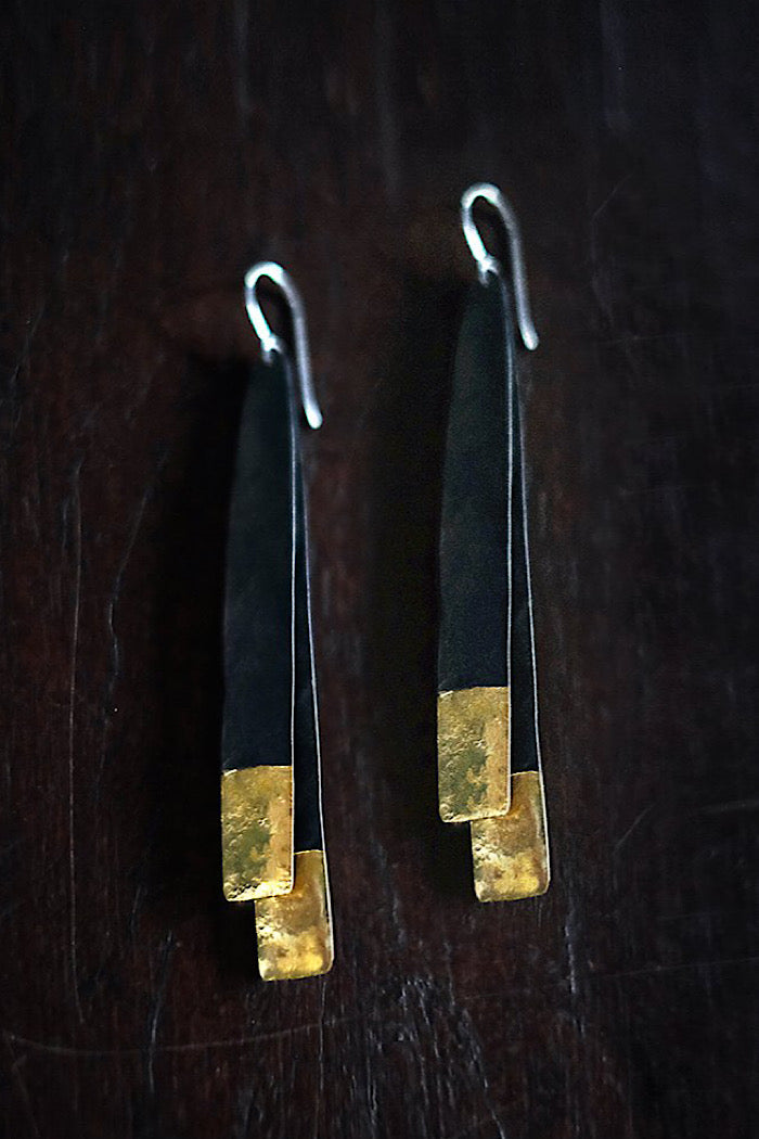 LONG DROP OXIDISED SILVER & GOLD EARRINGS