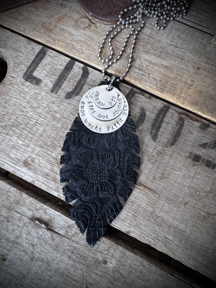 MICKELLOO FEATHER & CHARMS NECKLACE  - JETT BLACK EMBOSSED FLORAL - DREAM BIG