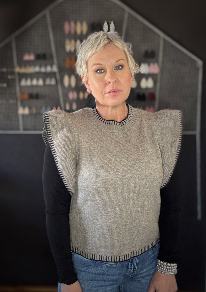 ATHENA FRILL KNIT TOP - TAUPE