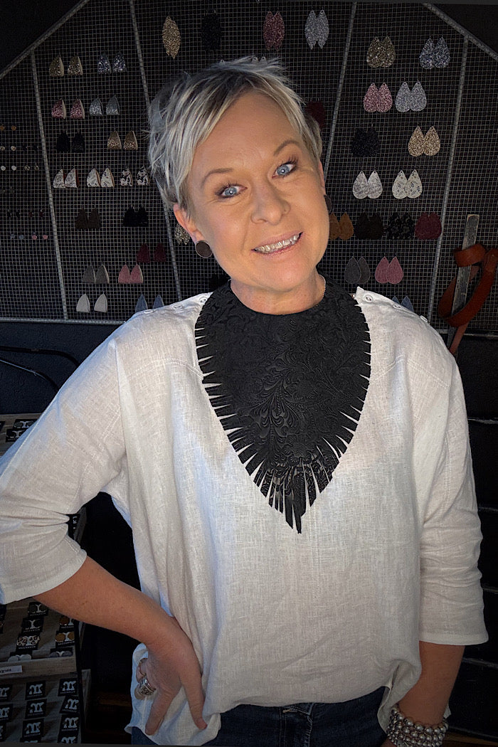 MICKELLOO “RUFFLED FEATHERS” NECKLACE - EMBOSSED JETT BLACK FLORAL