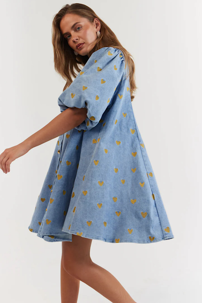 LA BOHEME GIRLS PEYTON MINI DRESS DENIM HEARTS
